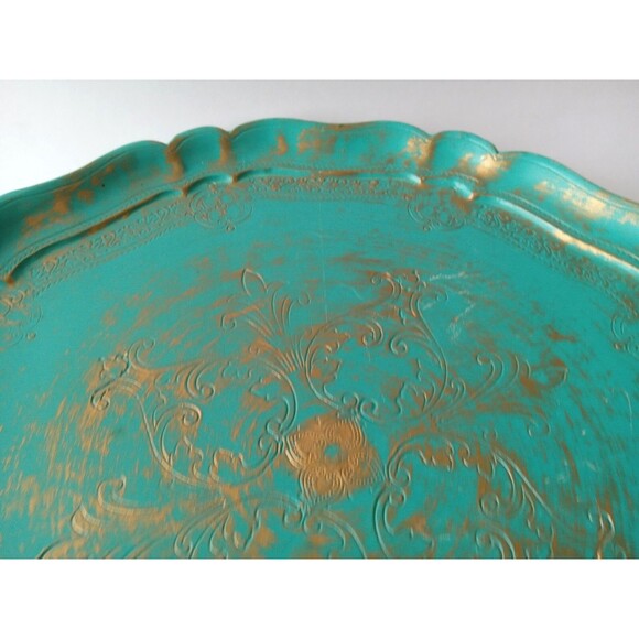VTG Galway Inc. Etched Wood 13.5" Turquiose & Gold Decorative Plate Tray - Picture 8 of 16